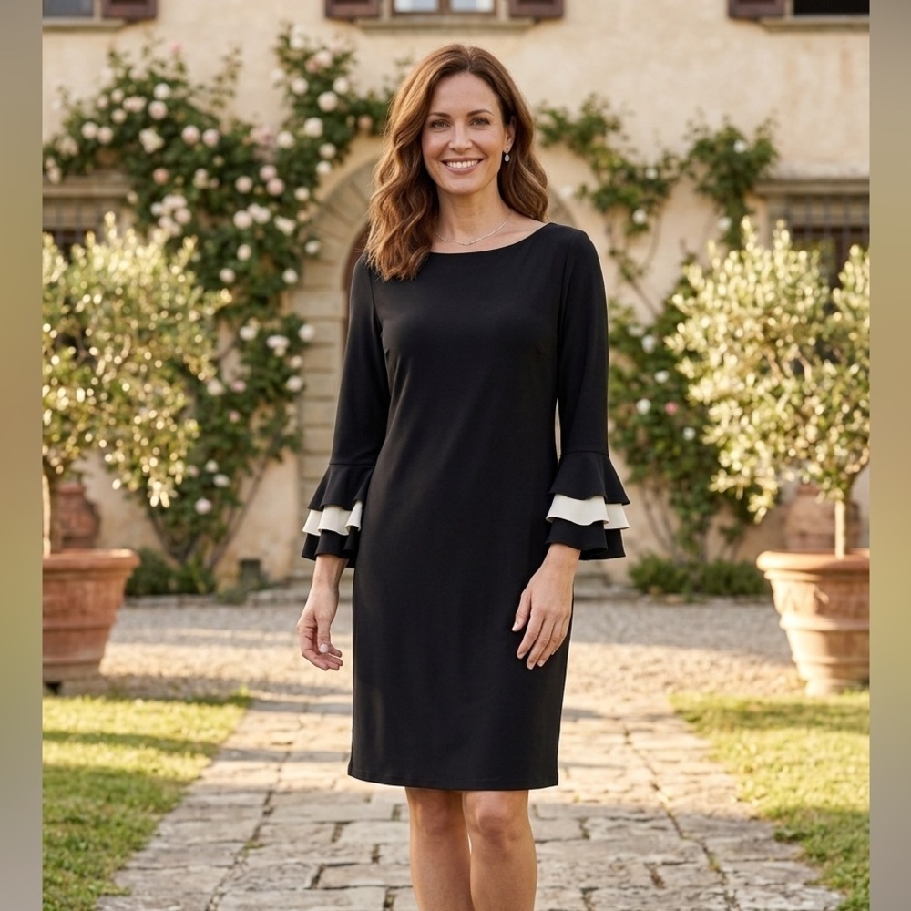 Gabby Skye|  Black Stretch Knit Sheath Dress with Ruffle Cuff Accents | Sz 12